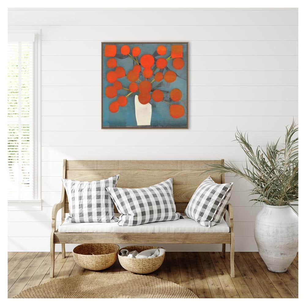 Abstract Orange Flowers on Blue Canvas with Bronze Frame