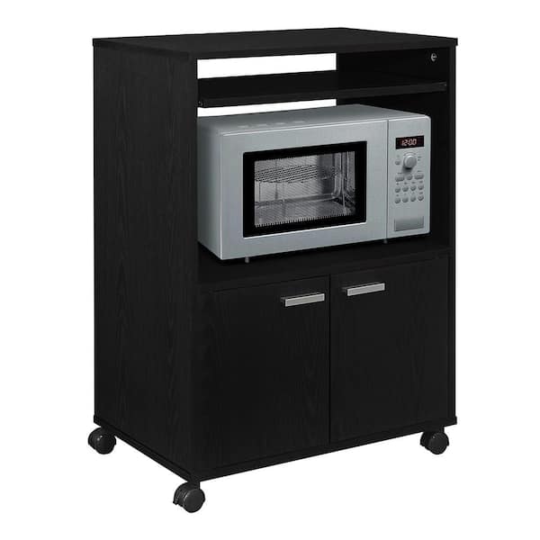 SignatureHome Byron Black Finish 2-Door Kitchen Microwave Cart With 4 Wheels 2 Lockable and 2 Castors. (24Lx16Wx32H)