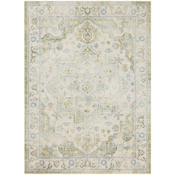 Nourison Astra Machine Washable Blue Green 4 ft. x 6 ft. Center medallion Traditional Area Rug