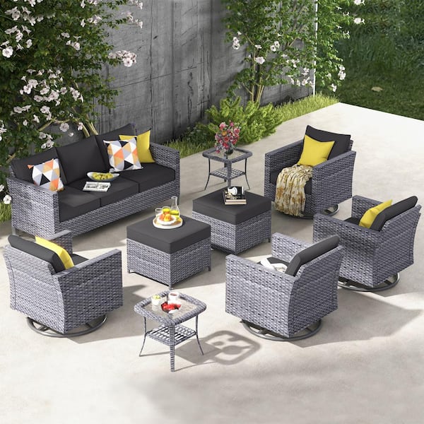 XIZZI Megon Holly Gray 9-Piece Wicker Patio Conversation Seating Sofa Set and Swivel Rocking Chairs with Black Cushions