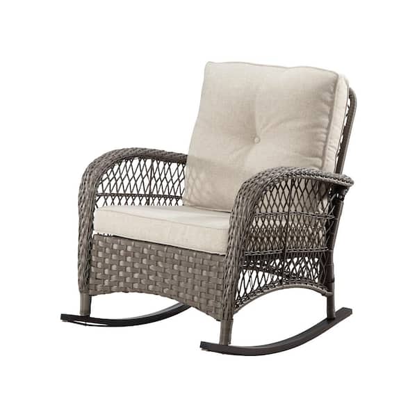 INMITOM Wicker Outdoor Rocking Chair Lounge Chair Patio with Beige Cushion