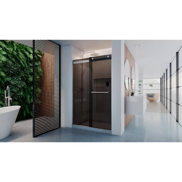 DreamLine Dexterity 48 in. W x 76 in. H Semi-Frameless Sliding Bar Shower Door in Brushed Nickel with Smoke Gray Glass