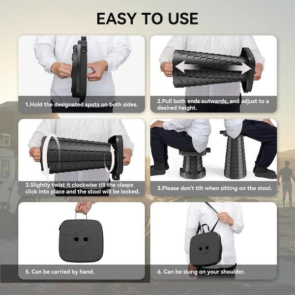 OGETFUUR Black Square Portable Folding Stool, Telescoping Camping