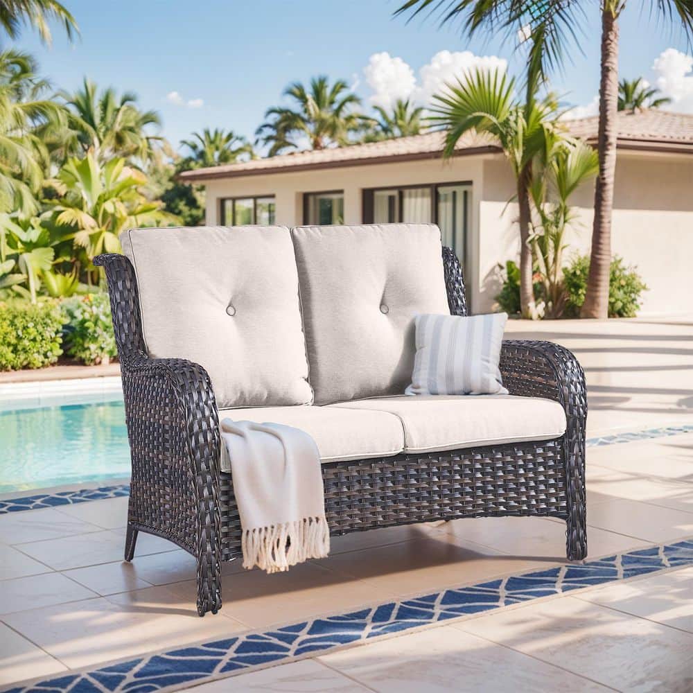 WellCane Brown Wicker 1-Piece Outdoor Loveseat 2-Seat Sofa Couch with Beige Cushion, Deep Seating for Garden Porch price history on PriceWatchPro