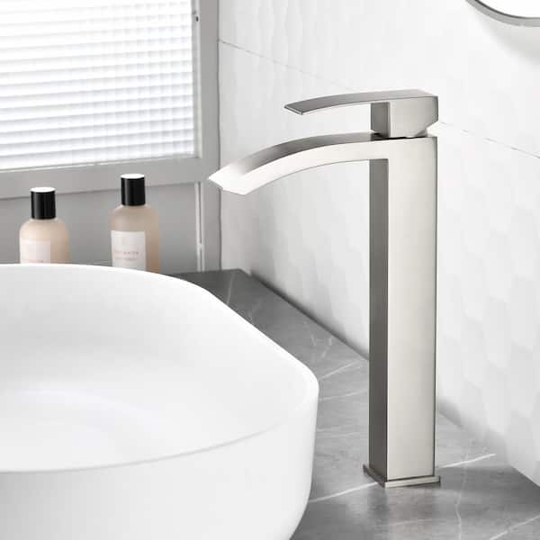 Single Handle Vessel Sink Faucet with Pop-Up Drain, Single Hole Tall Bathroom Sink Faucet in Brushed Nickel