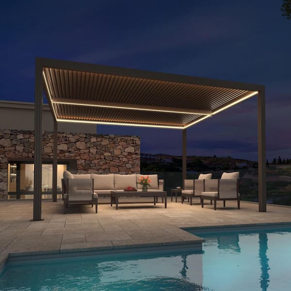 11 ft. x 13 ft. Bronze Aluminum Frame Patio Louvered Pergola Gazebo with Adjustable Sunshade Roof and LED Strip Lights