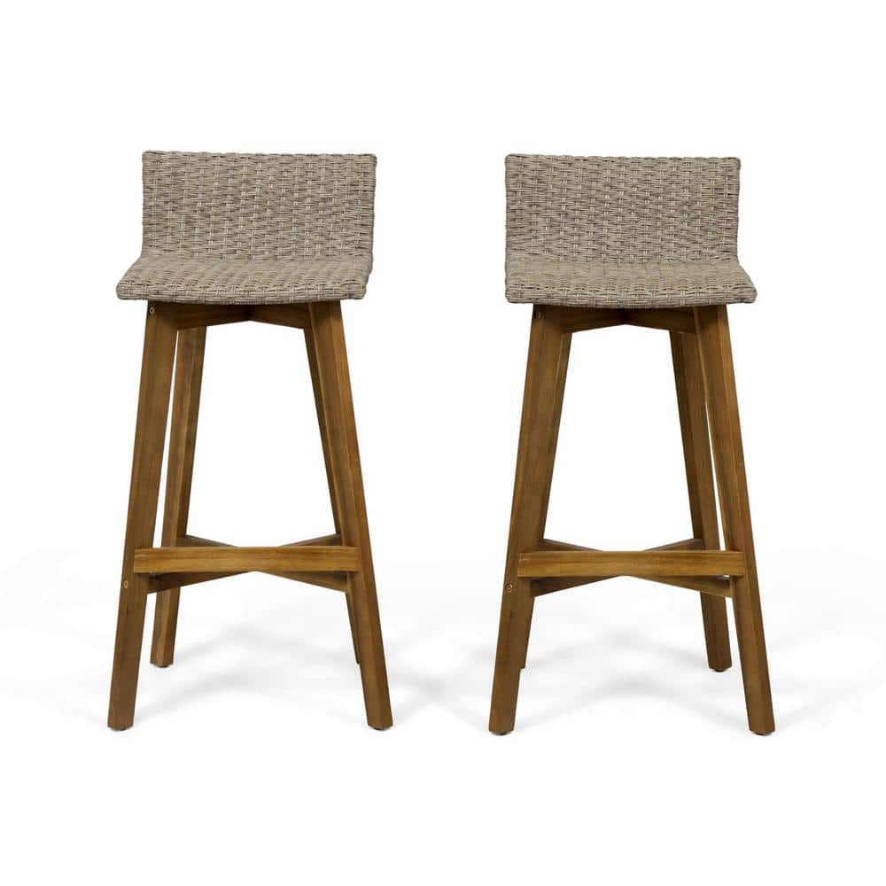Light Brown Acacia Wood and Wicker Outdoor Barstools, Set of 2
