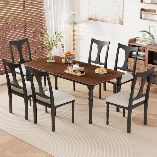 Meta 7-Piece Brown plus Black Wood Top Extendable Dining Set with Cushioned Seats and Removable Leaf