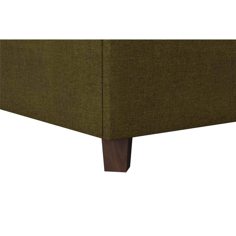 Green Linen Upholstered Queen Platform Bed with Oak Legs