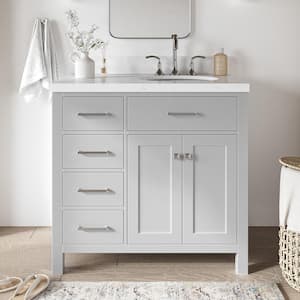 Bristol 36.25 in. W x 22 in. D x 36 in. H Single Sink Freestanding Bath Vanity in Grey with Carrara White Quartz Top