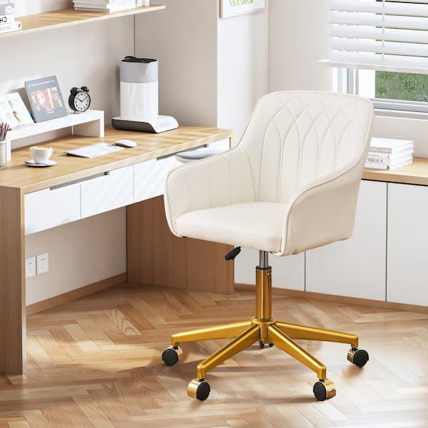 VECELO Office Chair Faux Leather Ergonomic with Back Support-Adjustable Height Vanity Desk Chair in White with Arms