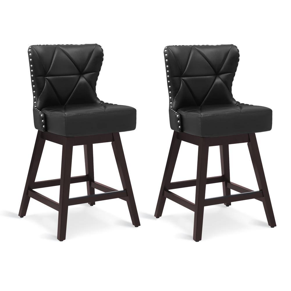 26" Black Faux Leather Swivel Bar Stools with Wood Frame, Set of 2