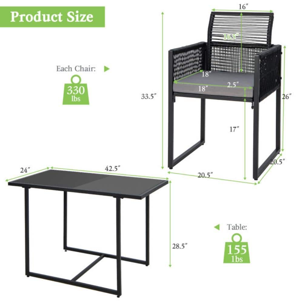 Black PE Rattan 3-Piece Outdoor Dining Set with Grey Cushions