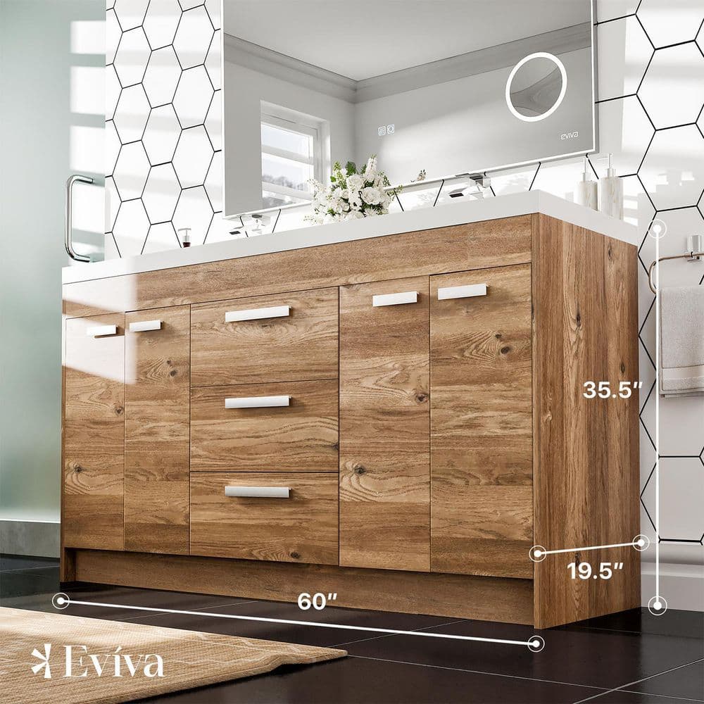 Lugano 60" Natural Oak Double Sink Vanity with White Top