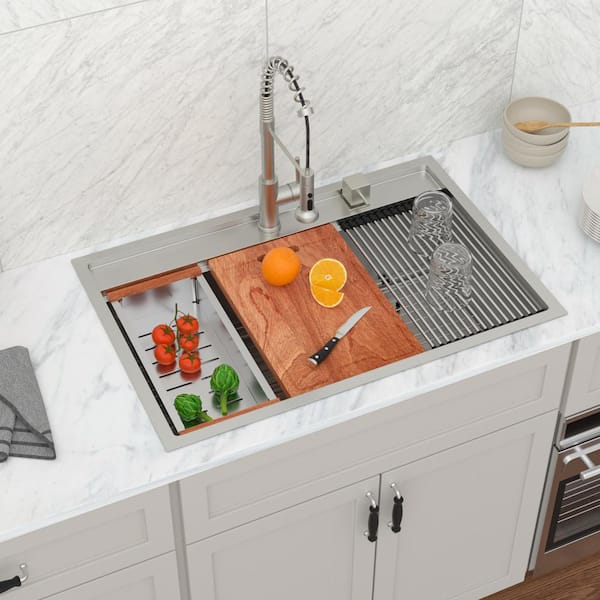 33 in. Workstation Sink Drop-In Single Bowl 16-Gauge Brushed Stainless Steel Kitchen Sink with Accessories