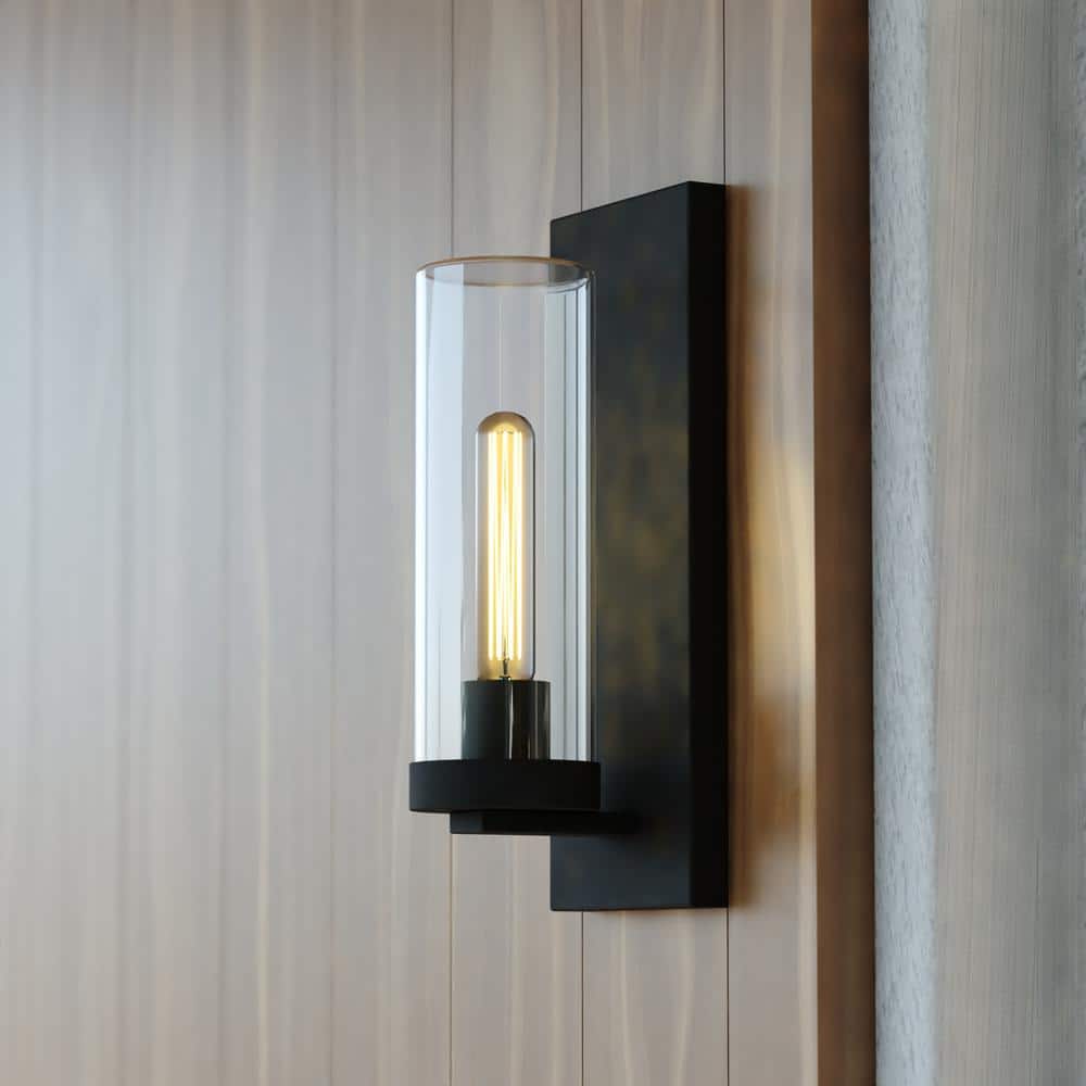 Grantley 1-Light Matte Black Indoor Outdoor Hardwired Wall Sconce Clear Glass Cylinder Shade, LED Compatible price history on PriceWatchPro