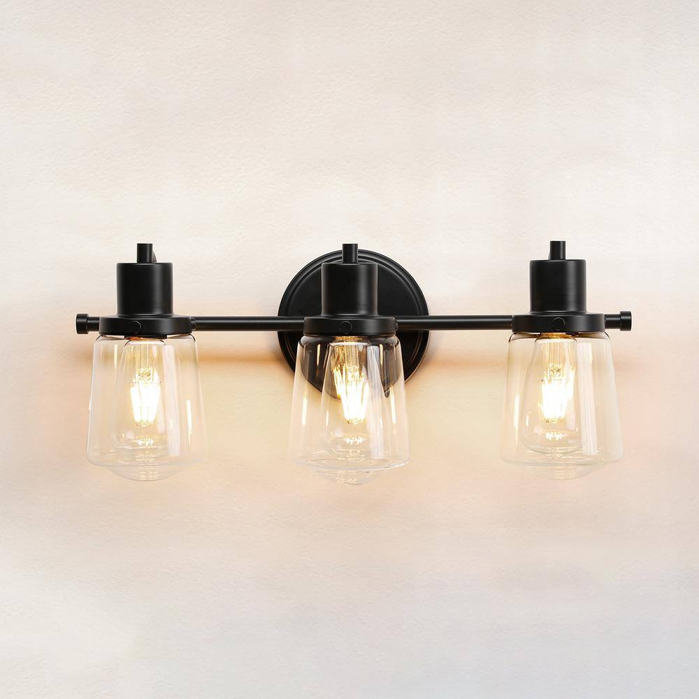 19.68 in. 3-Lights Black Vanity Light Bathroom Light Fixtures with Clear Gl