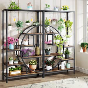 Wellston 70.87 in. Brown Black Rectangle Tall MDF and Metal Indoor Plant Stand 7-Tier Shelf and 6 S Hooks