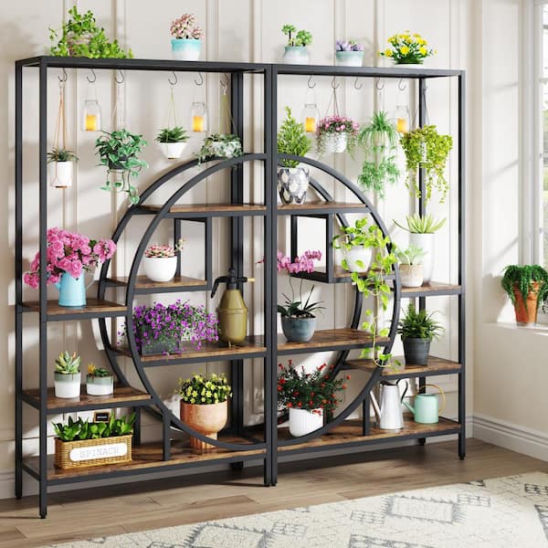 Wellston 70.87 in. Brown Black Rectangle Tall MDF and Metal Indoor Plant Stand 7-Tier Shelf and 6 S Hooks