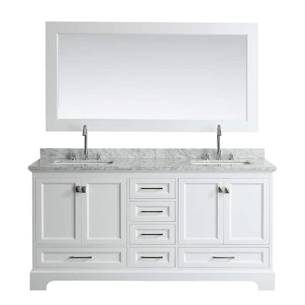 Design Element Omega 72 in. W x 22 in. D Vanity in White with Marble Vanity Top in White with White Basin and Mirror