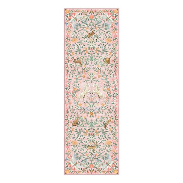 Farmhouse Moroccan Unicorn Floral Washable Non Slip Pink 2 ft. x 6 ft. Entryway kitchen Bedroom Runner Area Rug