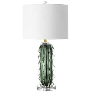 27.5 in. Modern Textured Green Glass Table Lamp with White Linen Shade Gold Accents and 3-Color LED Bulb for Living Room