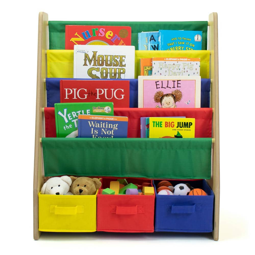 Natural Wood Kids Bookshelf with Primary Colored Fabric Bins