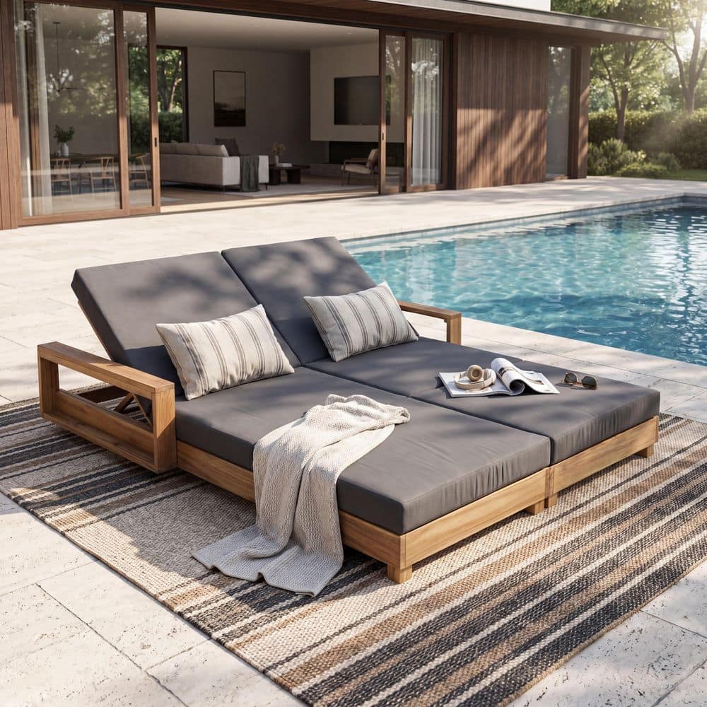 Caleb Natural Finish Wood Adjustable Patio Outdoor Double Chaise Lounge with 3-Fold Dark Grey Cushions
