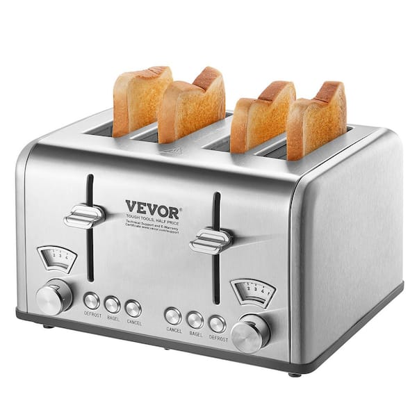 VEVOR Retro Stainless Steel Toaster 4 Slice 1625 Watt 1.5 in. Extra Wide Slots Toaster with Removable Crumb Tray Silver