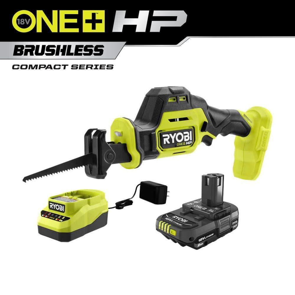 RYOBI ONE+ HP 18V Brushless Cordless Compact One-Handed Reciprocating Saw Kit with 2.0 Ah Battery and Charger PSBRS02K1