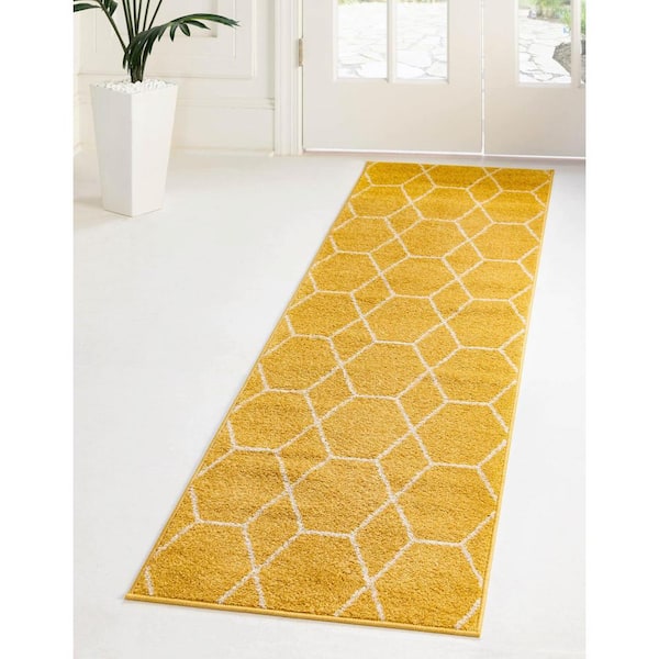 Trellis Frieze Yellow/Ivory 2 ft. x 13 ft. Geometric Runner Rug
