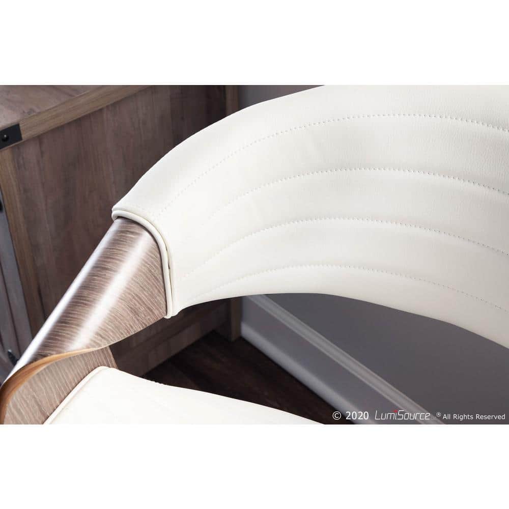 Light Grey Wood and White Faux Leather Mid-Century Arm Chair