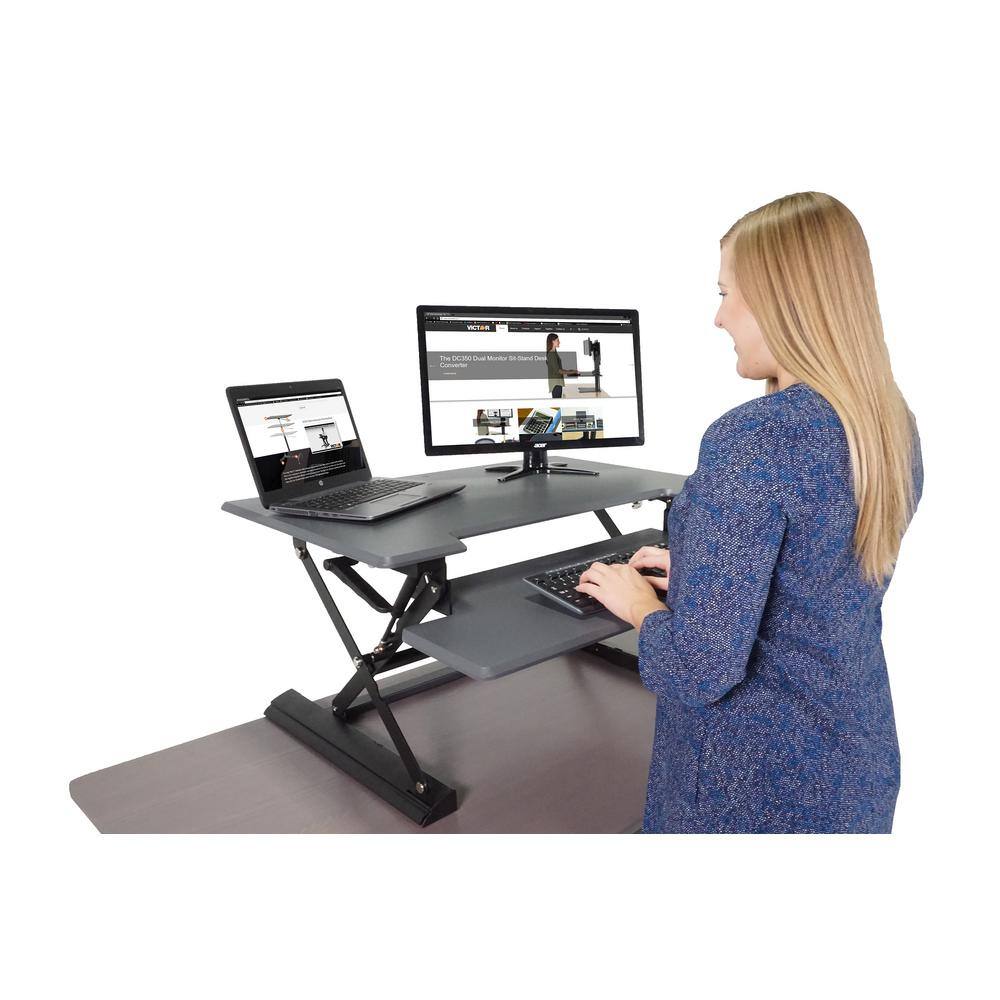 Gray Adjustable Height Standing Desk Converter with Keyboard Tray