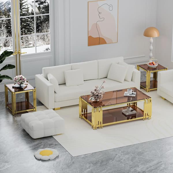 20 in. Brown Square Glass Coffee Table with Tempered Glass and Stainless Steel Legs, 2-Tier Center Table for Living Room