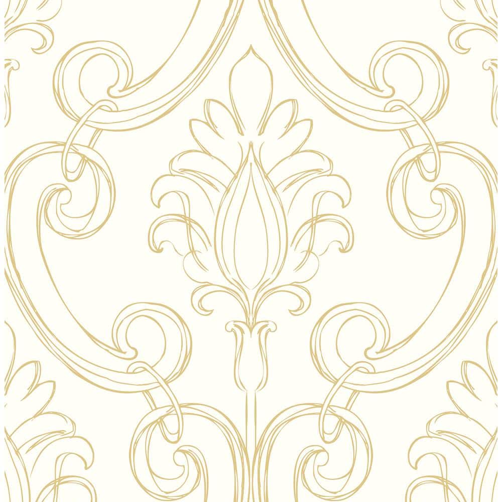 NextWall Sketched Metallic Gold Damask Vinyl Peel & Stick Wallpaper Roll (Covers 30.75 Sq. Ft