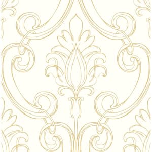 Sketched Metallic Gold Damask Vinyl Peel & Stick Wallpaper Roll (Covers 30.75 Sq. Ft.)