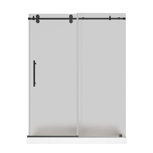 Aston Langham 60 in. x 32 in. x 77.5 in. Frameless Sliding Shower Door in Oil Rubbed Bronze and Frosted Glass with Center Base