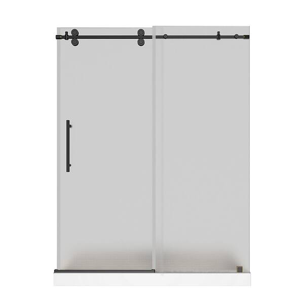 Aston Langham 60 in. x 32 in. x 77.5 in. Frameless Sliding Shower Door in Oil Rubbed Bronze and Frosted Glass with Right Base