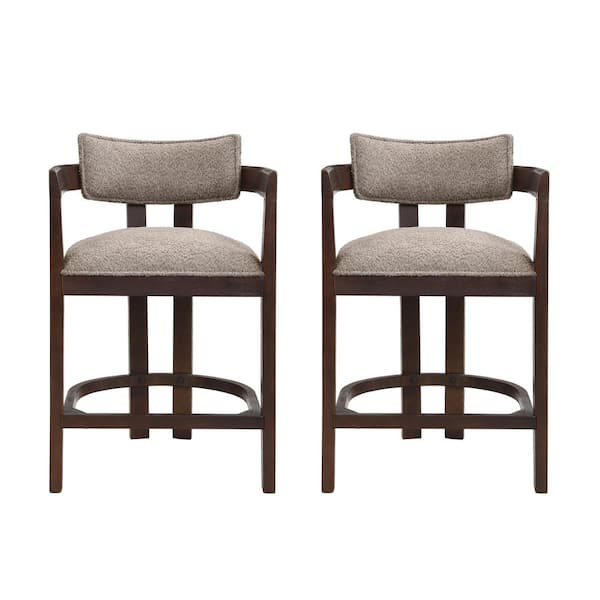 Corlas 36 in. H Medieval Modern Boucle Upholstered Solid Wood Counter Stools with Footrest, Espresso + Taupe, Set of 2