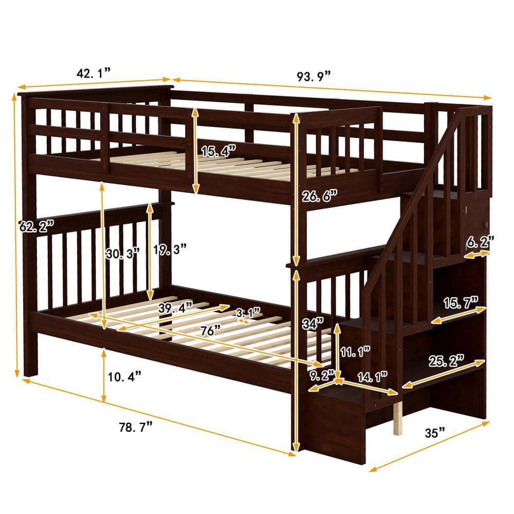Espresso Stairway Twin-Over-Twin Bunk Bed with Storage and Guard Rail for Bedroom, Dorm price history on PriceWatchPro