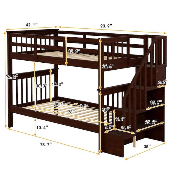 Polibi Espresso Stairway Twin-Over-Twin Bunk Bed with Storage and Guard Rail for Bedroom, Dorm