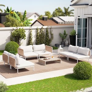 6-Piece Drawcord Metal Outdoor Sectional Set with Beige Cushions