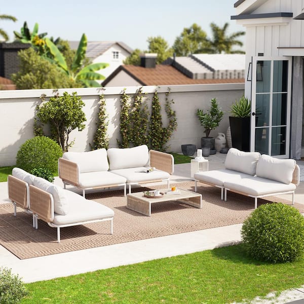 Crestlive Products 6-Piece Drawcord Metal Outdoor Sectional Set with Beige Cushions