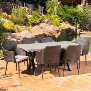 Macy Multi-Brown 7-Piece Faux Rattan Outdoor Patio Dining Set with Beige Cushions
