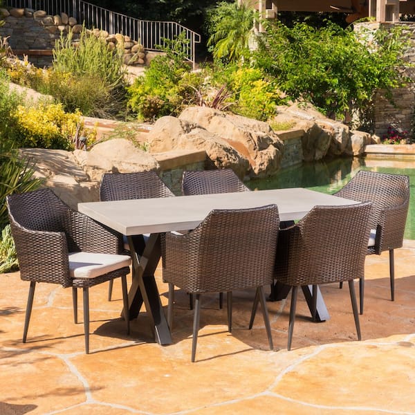 Noble House Macy Multi-Brown 7-Piece Faux Rattan Outdoor Patio Dining Set with Beige Cushions