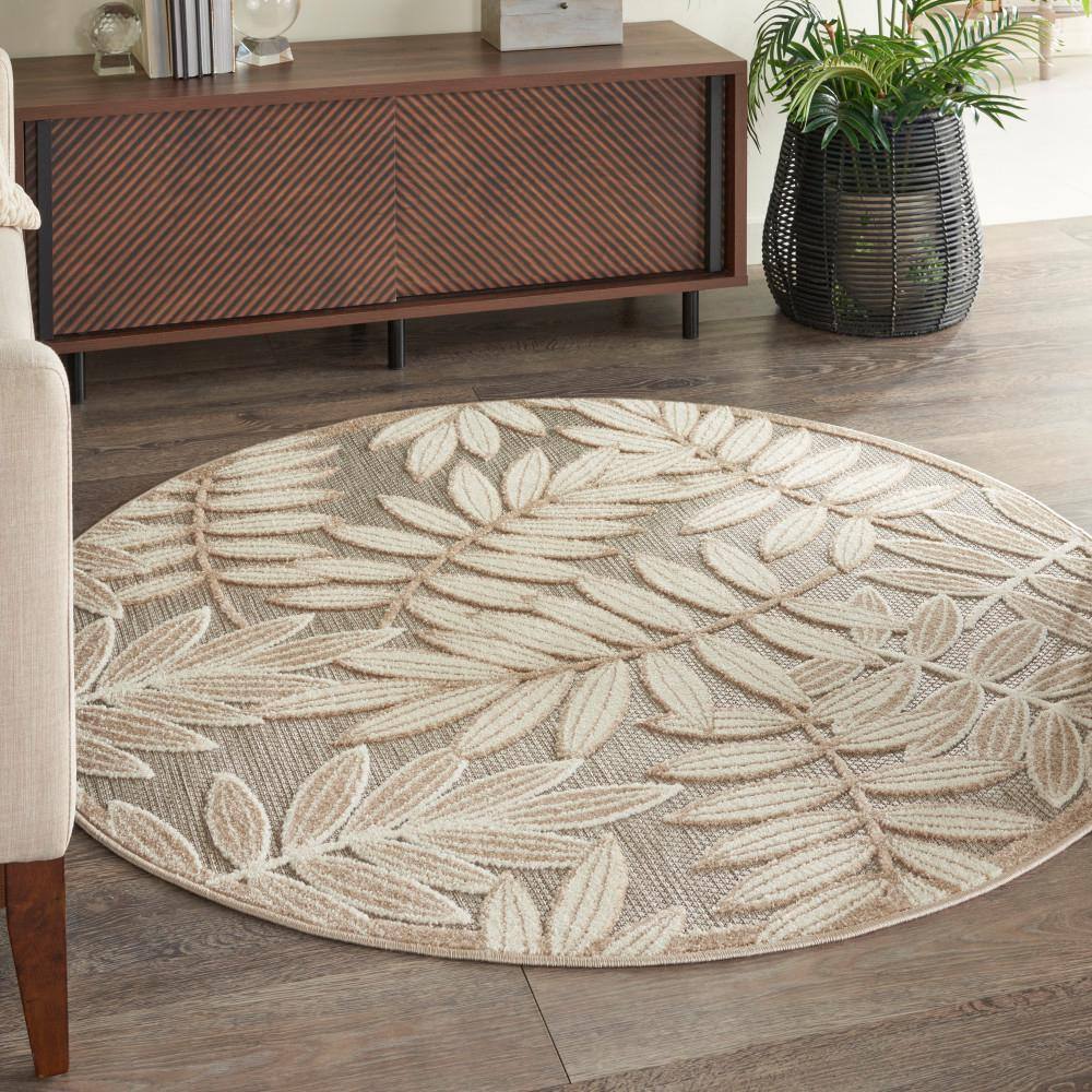 Natural Round Flat Woven Floral Area Rug