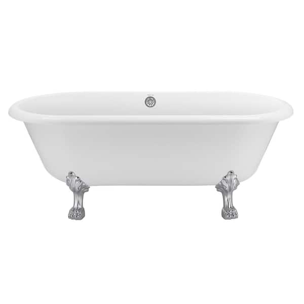 VANITYFUS 66.3 in. Acrylic Freestanding with Clawfoot Soaking Bathtub in White with Brass Drain and Overflow