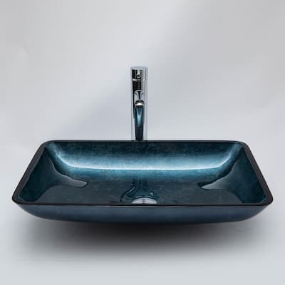 Grayish Blue Glass Rectangular Bathroom Vessel Sink without Faucet