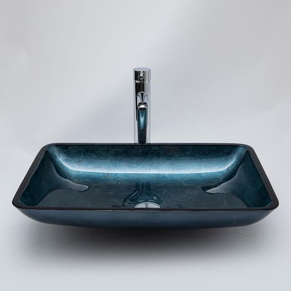ROSWELL Grayish Blue Glass Rectangular Bathroom Vessel Sink without Faucet