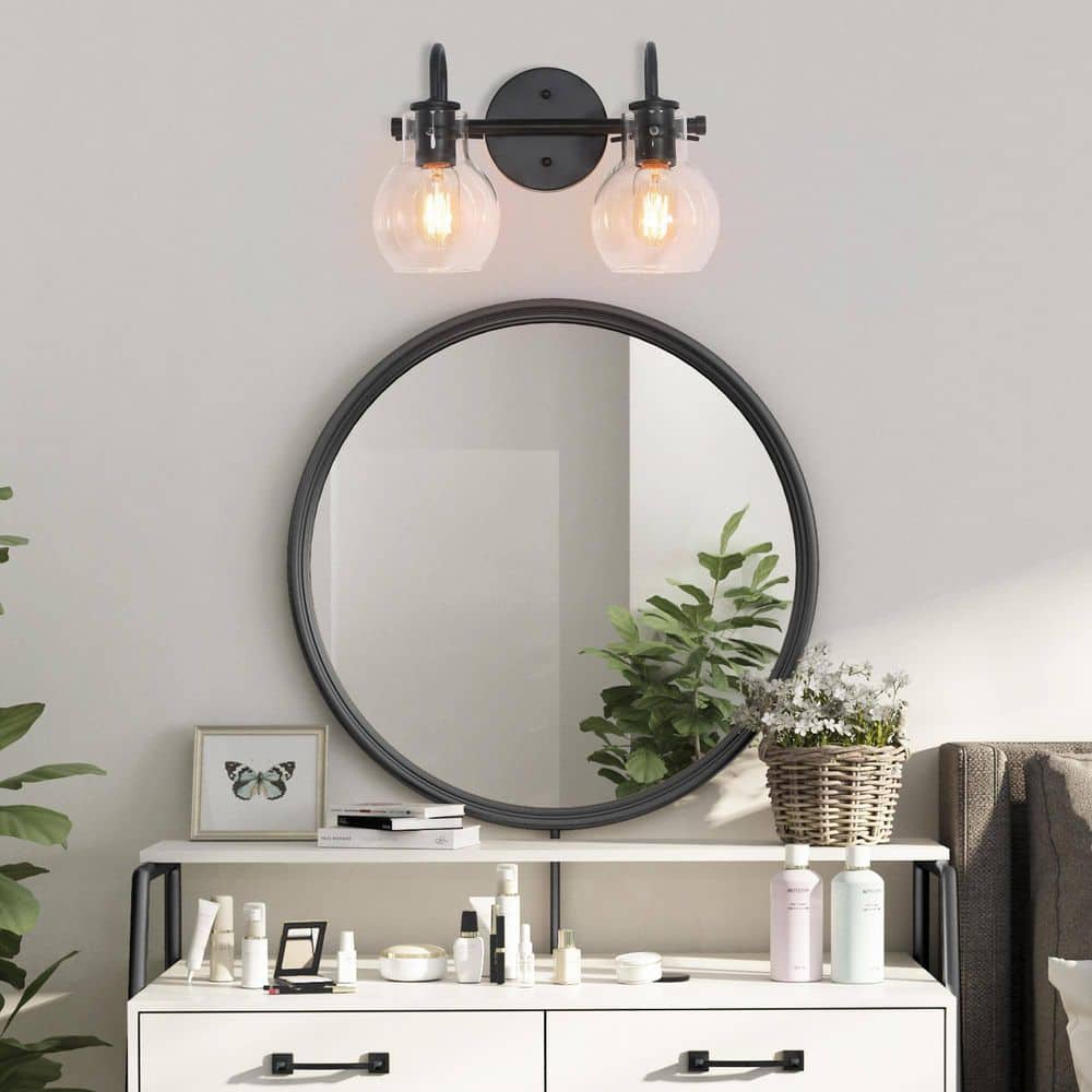 13" Black Metal Vanity Light with Clear Glass Globe Shades